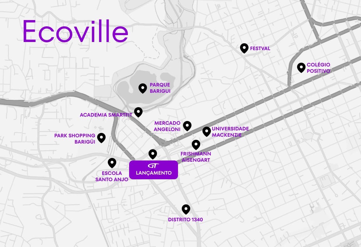 mapa do bairro ecoville, destacando pontos de interesse como parque barigui